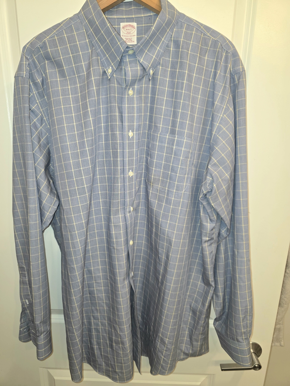Brooks Brothers 346 Dress Shirt 18-6/7 Blue Yellow Plaid Non-Iron